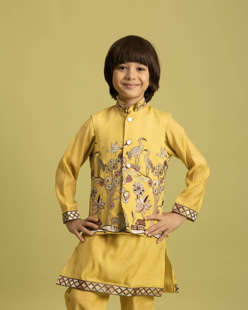 yellow viscose silk boys kurta pajama with embroidered jacket for festive wear