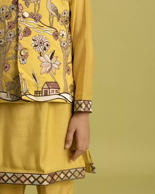 yellow viscose silk boys kurta pajama with embroidered jacket for festive wear 3
