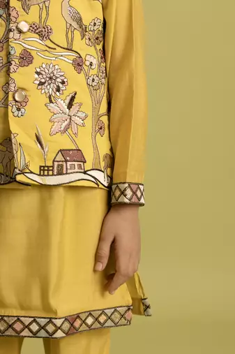yellow viscose silk boys kurta pajama with embroidered jacket for festive wear