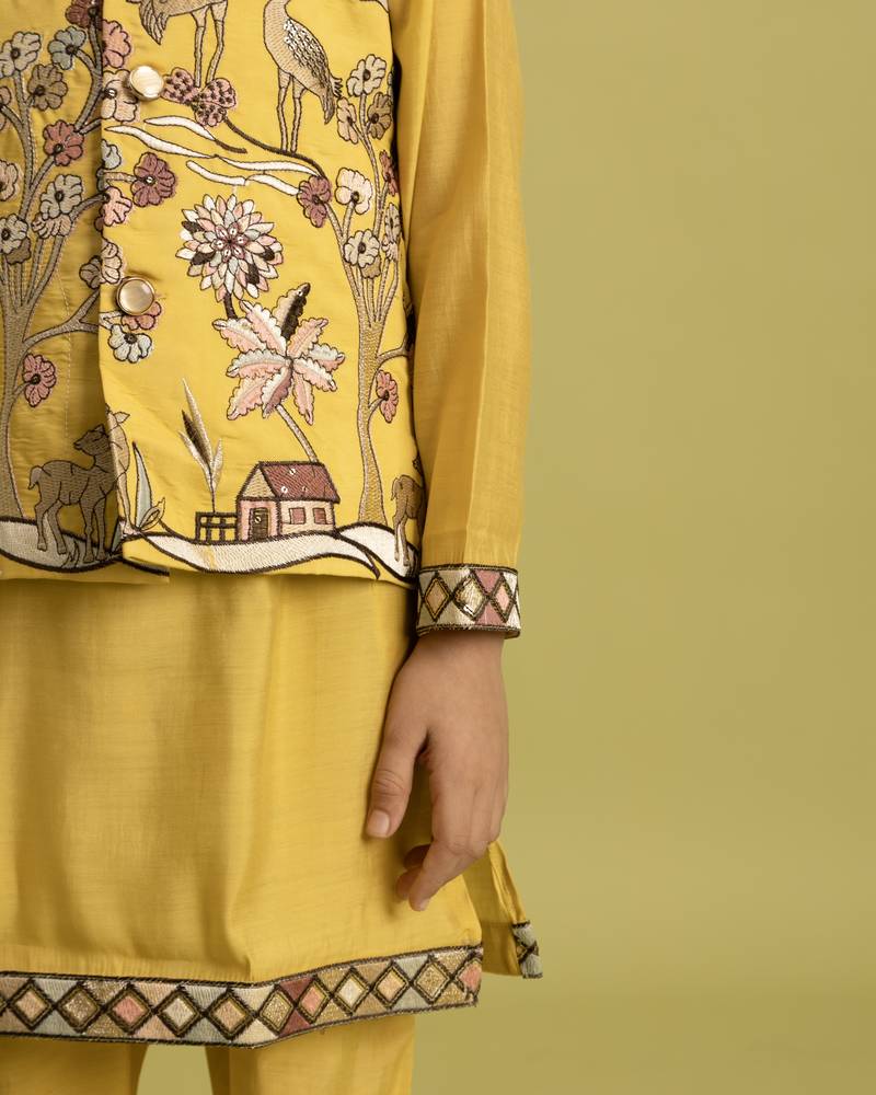 yellow viscose silk boys kurta pajama with embroidered jacket for festive wear