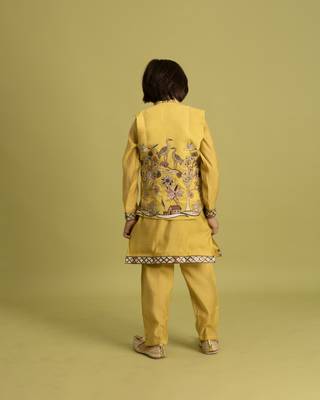 yellow viscose silk boys kurta pajama with embroidered jacket for festive wear 4