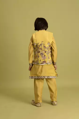 yellow viscose silk boys kurta pajama with embroidered jacket for festive wear