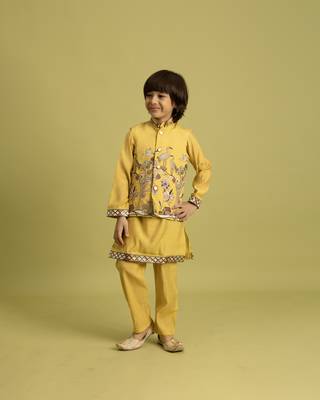 yellow viscose silk boys kurta pajama with embroidered jacket for festive wear 5