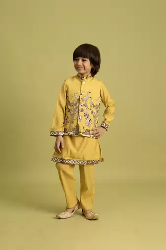 yellow viscose silk boys kurta pajama with embroidered jacket for festive wear