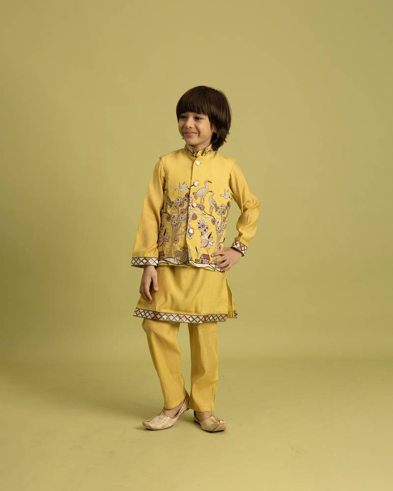 yellow viscose silk boys kurta pajama with embroidered jacket for festive wear