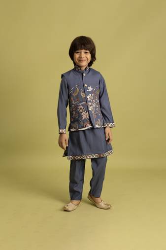 blue grey viscose silk boys kurta pajama with embroidered jacket for festive wear