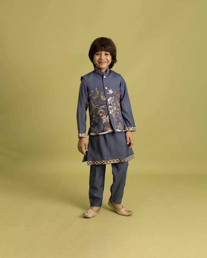 Blue grey viscose silk thead with sequins embroidered work wedding function festival party boys straight kurta pant koti