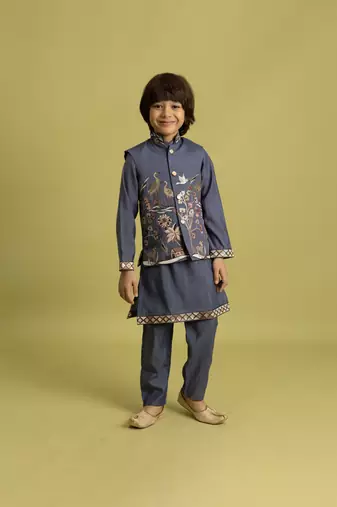 Blue grey viscose silk thead with sequins embroidered work wedding function festival party boys straight kurta pant koti