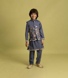 blue grey viscose silk boys kurta pajama with embroidered jacket for festive wear