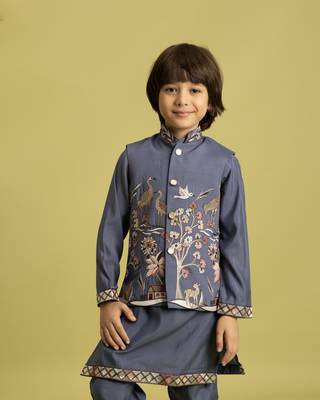 blue grey viscose silk boys kurta pajama with embroidered jacket for festive wear 2