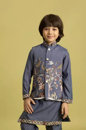 blue grey viscose silk boys kurta pajama with embroidered jacket for festive wear