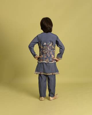 blue grey viscose silk boys kurta pajama with embroidered jacket for festive wear 3
