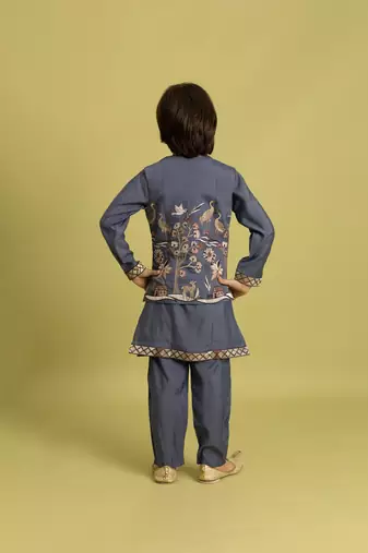 blue grey viscose silk boys kurta pajama with embroidered jacket for festive wear