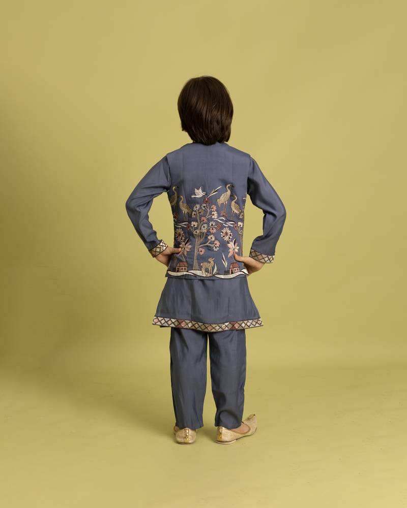 Blue grey viscose silk thead with sequins embroidered work wedding function festival party boys straight kurta pant koti