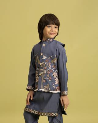 blue grey viscose silk boys kurta pajama with embroidered jacket for festive wear 4