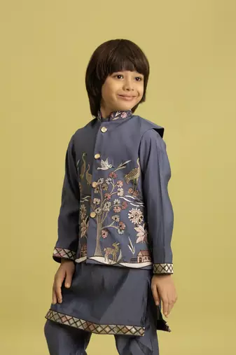 blue grey viscose silk boys kurta pajama with embroidered jacket for festive wear