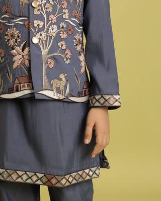 blue grey viscose silk boys kurta pajama with embroidered jacket for festive wear 5