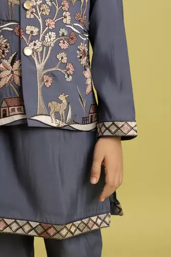blue grey viscose silk boys kurta pajama with embroidered jacket for festive wear