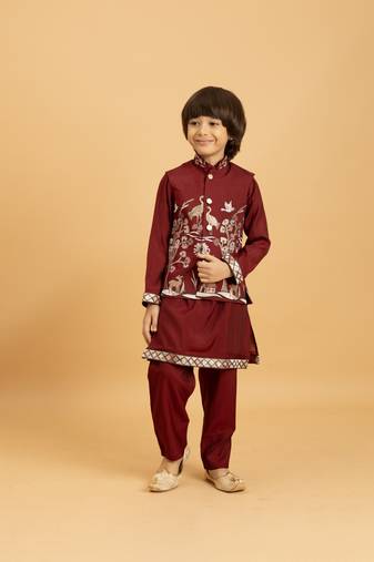 maroon viscose silk boys kurta pajama with embroidered jacket for festive wear