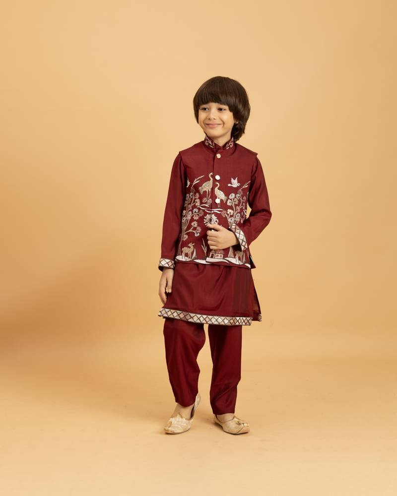 Maroon grey viscose silk thead with sequins embroidered work function festival party boys straight kurta pant koti
