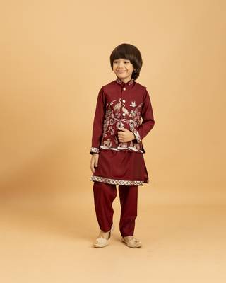 maroon viscose silk boys kurta pajama with embroidered jacket for festive wear 1