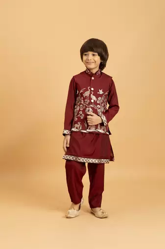 Maroon grey viscose silk thead with sequins embroidered work function festival party boys straight kurta pant koti