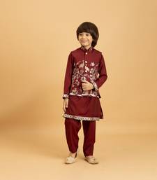 maroon viscose silk boys kurta pajama with embroidered jacket for festive wear