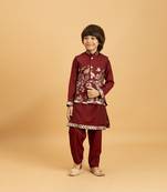 Maroon grey viscose silk thead with sequins embroidered work function festival party boys straight kurta pant koti