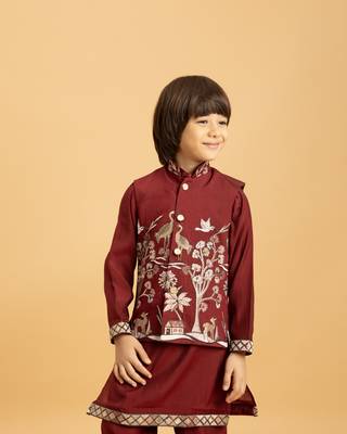 maroon viscose silk boys kurta pajama with embroidered jacket for festive wear 2