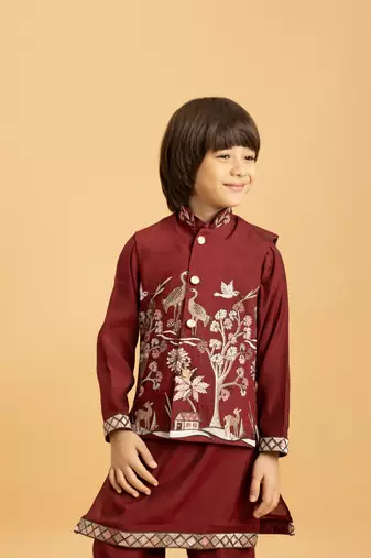maroon viscose silk boys kurta pajama with embroidered jacket for festive wear