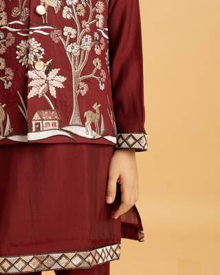 maroon viscose silk boys kurta pajama with embroidered jacket for festive wear 3