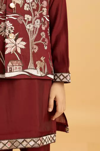 maroon viscose silk boys kurta pajama with embroidered jacket for festive wear
