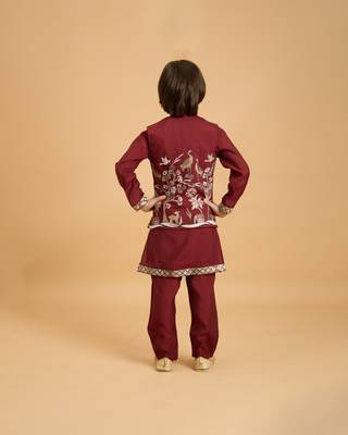 maroon viscose silk boys kurta pajama with embroidered jacket for festive wear 4