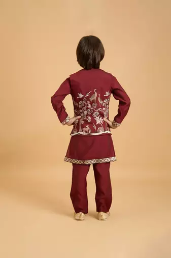 maroon viscose silk boys kurta pajama with embroidered jacket for festive wear