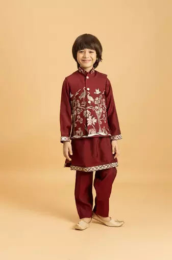 maroon viscose silk boys kurta pajama with embroidered jacket for festive wear