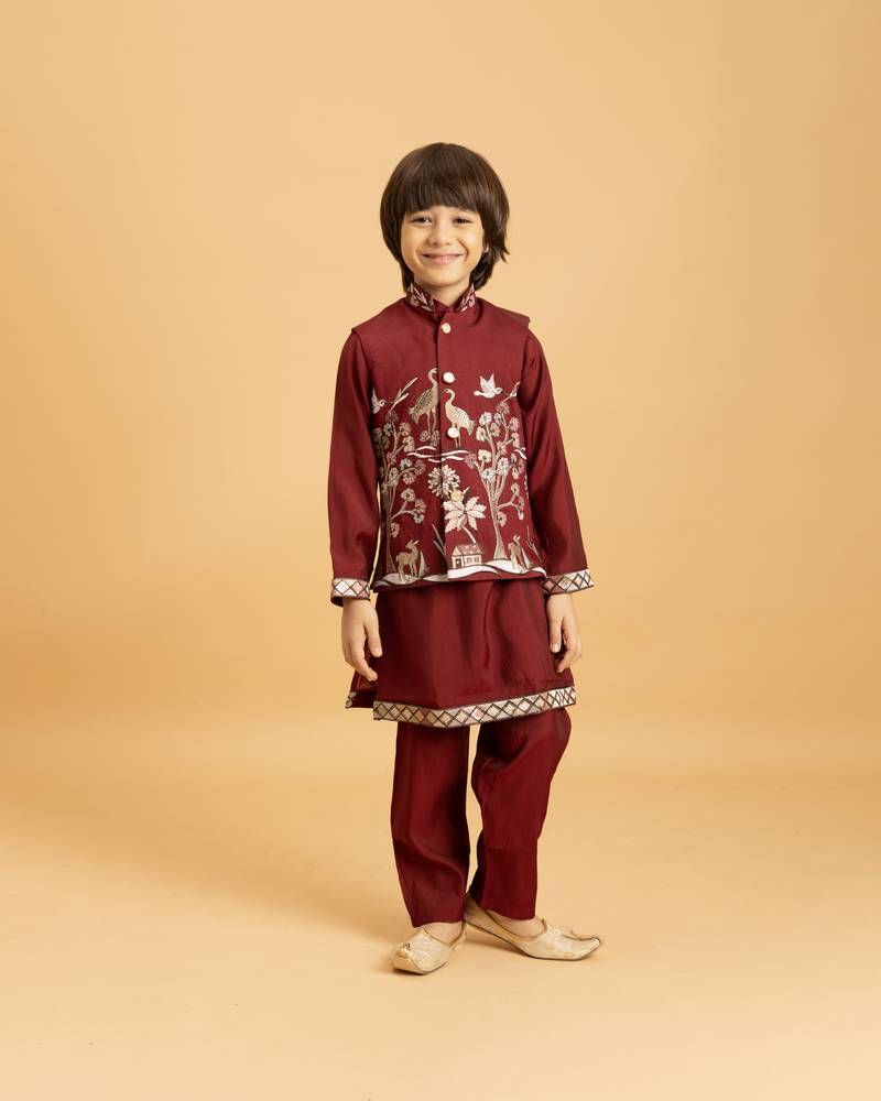 Maroon grey viscose silk thead with sequins embroidered work function festival party boys straight kurta pant koti