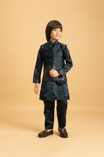 dark green satin boys kurta pajama set with thread embroidered jacket