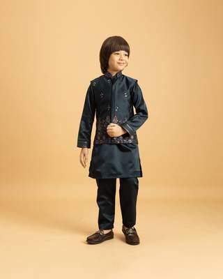 dark green satin boys kurta pajama set with thread embroidered jacket 1