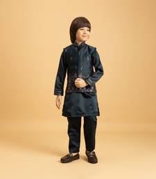 dark green satin boys kurta pajama set with thread embroidered jacket