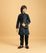 dark green satin boys kurta pajama set with thread embroidered jacket