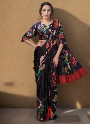 black crepe digital rtw saree with pocket and stitched blouse 1