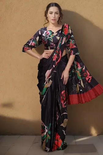 Black  crepe digital rtw saree with pocket and stitched blouse