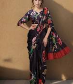 Black  crepe digital rtw saree with pocket and stitched blouse