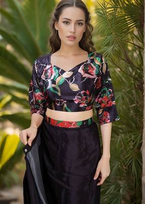 black crepe digital rtw saree with pocket and stitched blouse 3