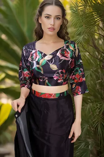 black crepe digital rtw saree with pocket and stitched blouse