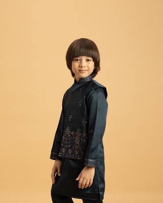 dark green satin boys kurta pajama set with thread embroidered jacket 2