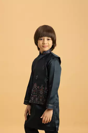 dark green satin boys kurta pajama set with thread embroidered jacket