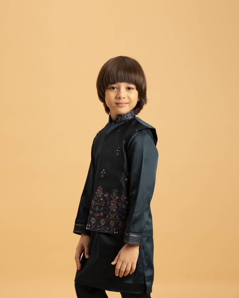 dark green satin boys kurta pajama set with thread embroidered jacket