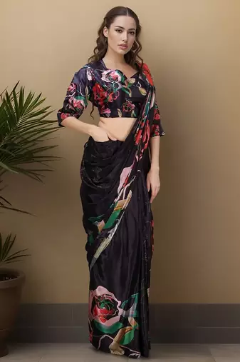black crepe digital rtw saree with pocket and stitched blouse