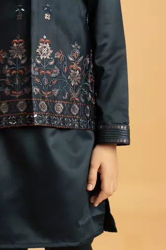 dark green satin boys kurta pajama set with thread embroidered jacket